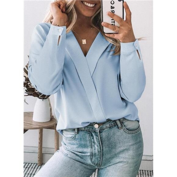 Classic Long Sleeve Blouse | Minimalist Solid Color Top | All-Season Office - Picture 2 of 4